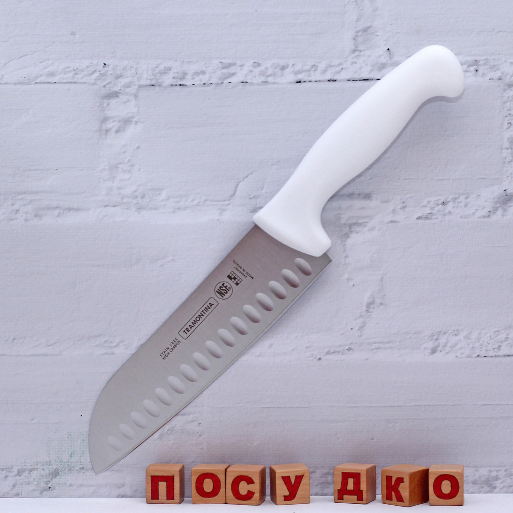  Ніж японський Santoku з грантонами біла ручка Master prof 17 см Tramontina 24646/087
