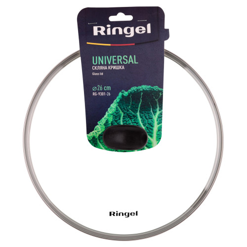  Кришка скляна з ручкою та паровипуском з нержавіючим обідком Universal 26 см Ringel RG-9301-26